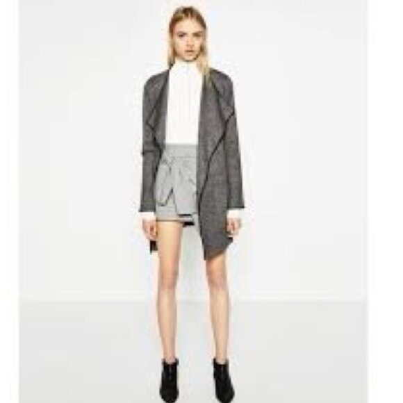 Zara Knit Marble Cardigan Coat Faux Leather Trim - Picture 2 of 12